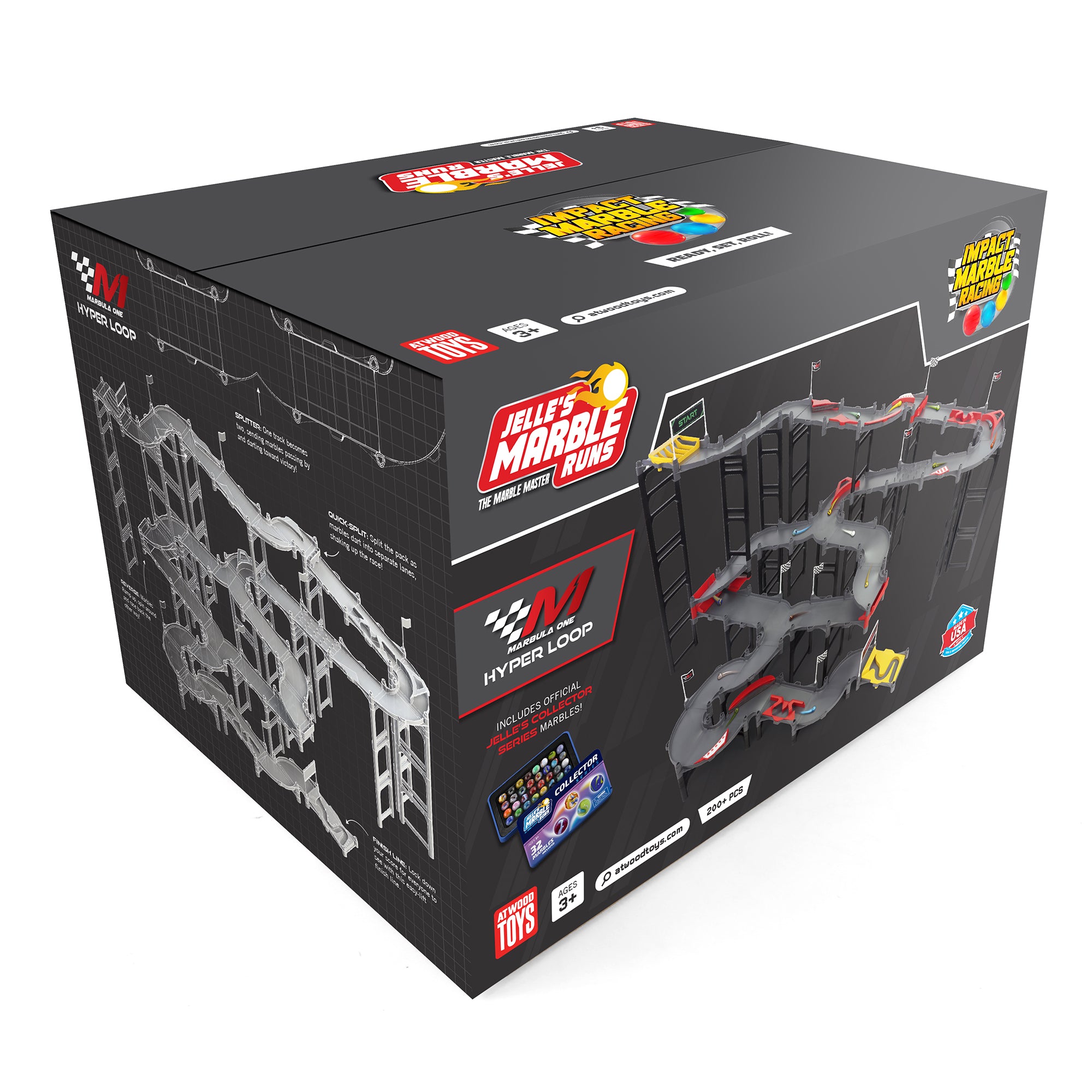 Jelle's M1 Hyper Loop retail box front and side showing Marbula One branding, Jelle's Marble Runs logo, assembled track photo, and Collector Series marbles callout
