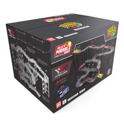 Jelle's M1 Hyper Loop retail box front and side showing Marbula One branding, Jelle's Marble Runs logo, assembled track photo, and Collector Series marbles callout