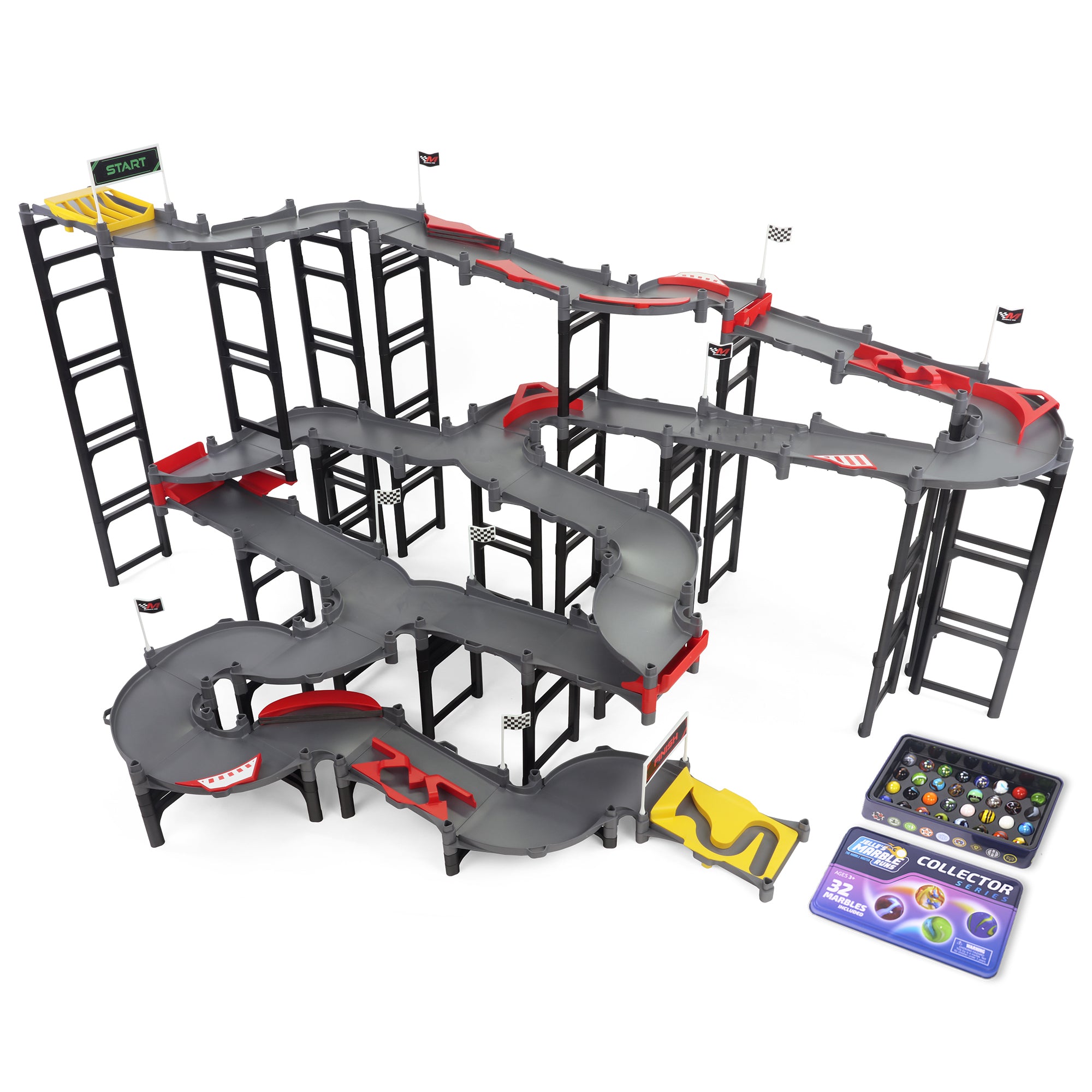 Jelle's M1 Hyper Loop fully assembled multi-level marble racing track with gray and red Redline theme, start and finish gates, checkered flags, and Jelle's Collector Series marble tin