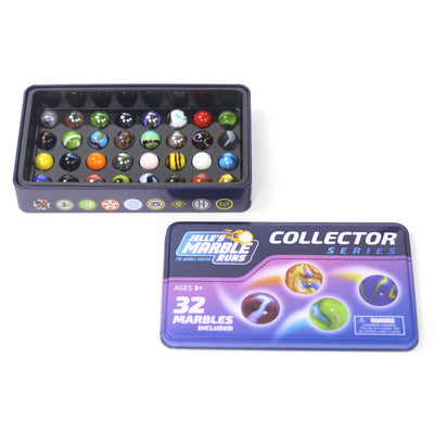 Jelle's Marble Runs Collector Series tin open showing 32 official glass team marbles in individual slots with branded tin lid beside it