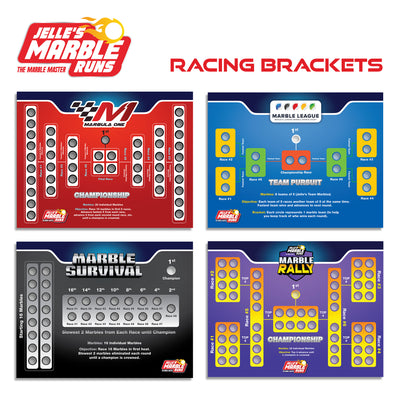 Jelle's Marble Runs racing bracket score cards showing four game modes: Marbula One Championship, Marble League Team Pursuit, Marble Survival, and Marble Rally