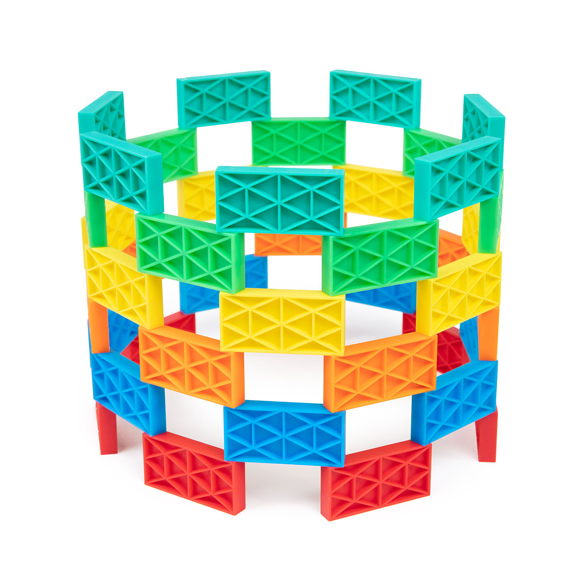Atwood Toys Bulk Dominoes 331 Piece Kinetic Domino Toppling Kit circular cylindrical tower built with stacked multi-color Kinetic Pro-Scale dominoes