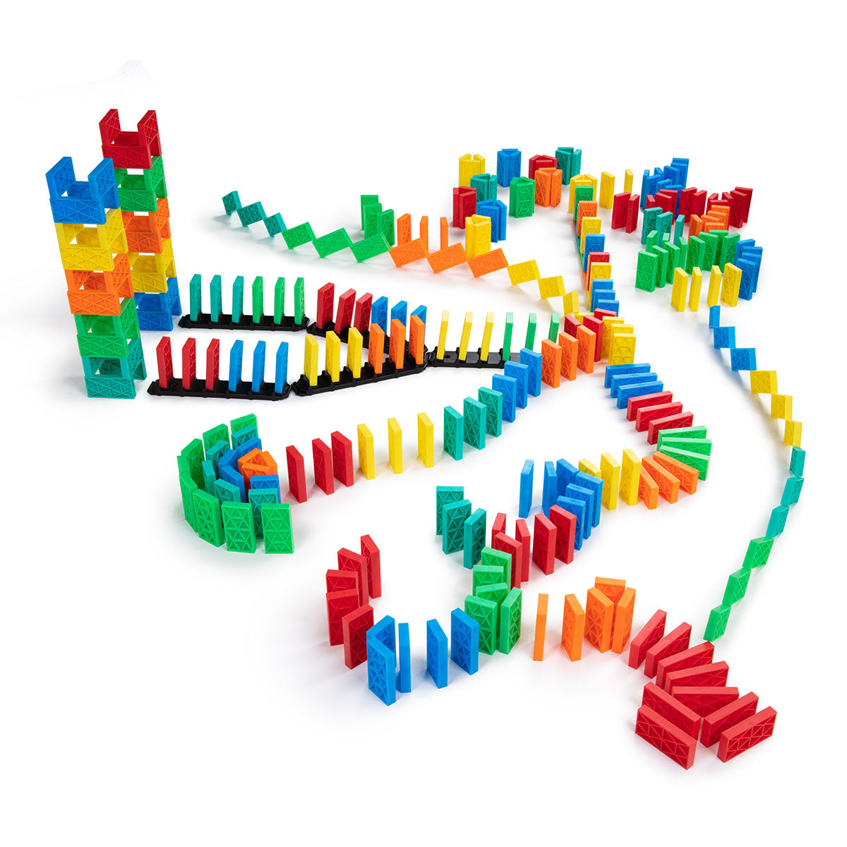 Atwood Toys Bulk Dominoes 331 Piece Kinetic Domino Toppling Kit setup featuring multi-color domino towers and a flowing chain reaction line of Pro-Scale Kinetic Dominoes