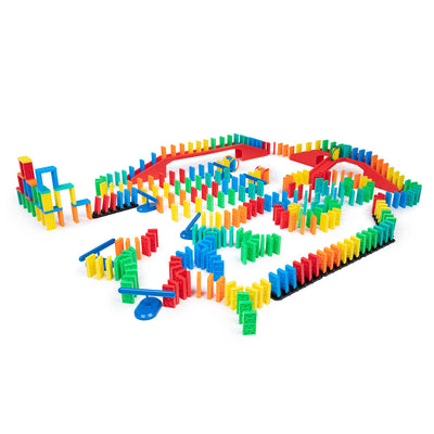 Atwood Toys Bulk Dominoes 331 Piece Kinetic Domino Toppling Kit large overhead view of an elaborate domino chain reaction setup with bridges, spinners, and multi-color Pro-Scale dominoes
