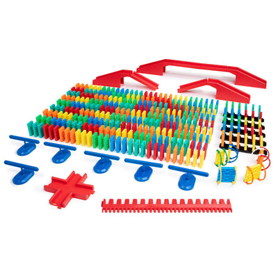 Atwood Toys Bulk Dominoes 331 Piece Kinetic Domino Toppling Kit components including multi-color Pro-Scale dominoes, red staircase bridges, blue spinners, splitters, and Speed Templates