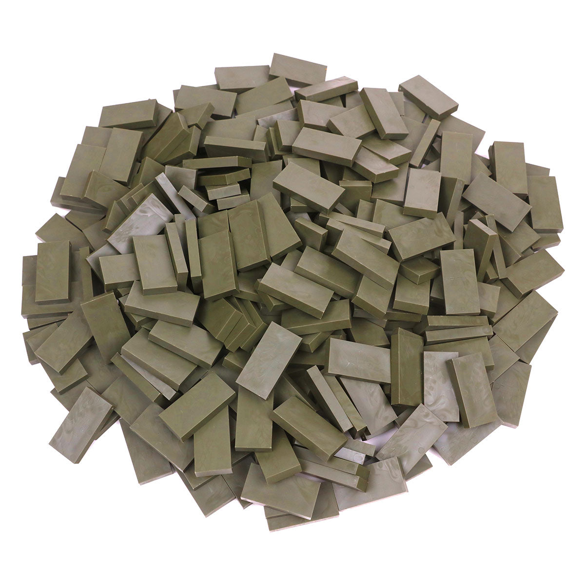 Bulk Dominoes closeout dominoes pile showing a single-color olive green lot of Pro Dominoes