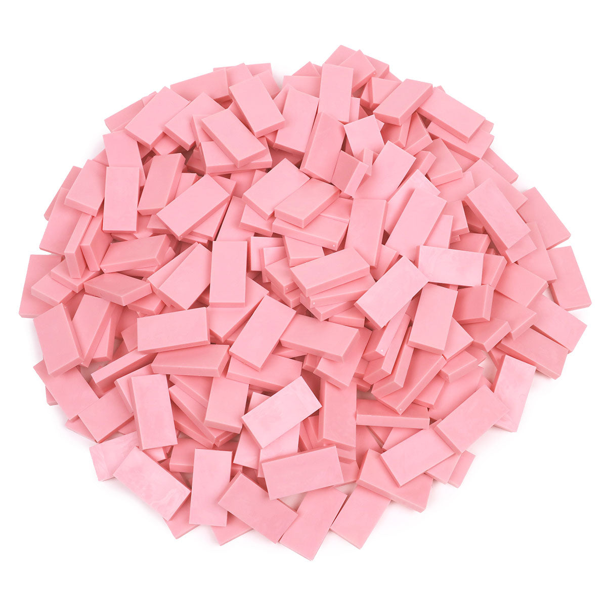 Bulk Dominoes Light Pink Pro Dominoes from Atwood Toys, a pile of light pink full-weight toppling dominoes for chain reactions and domino art.