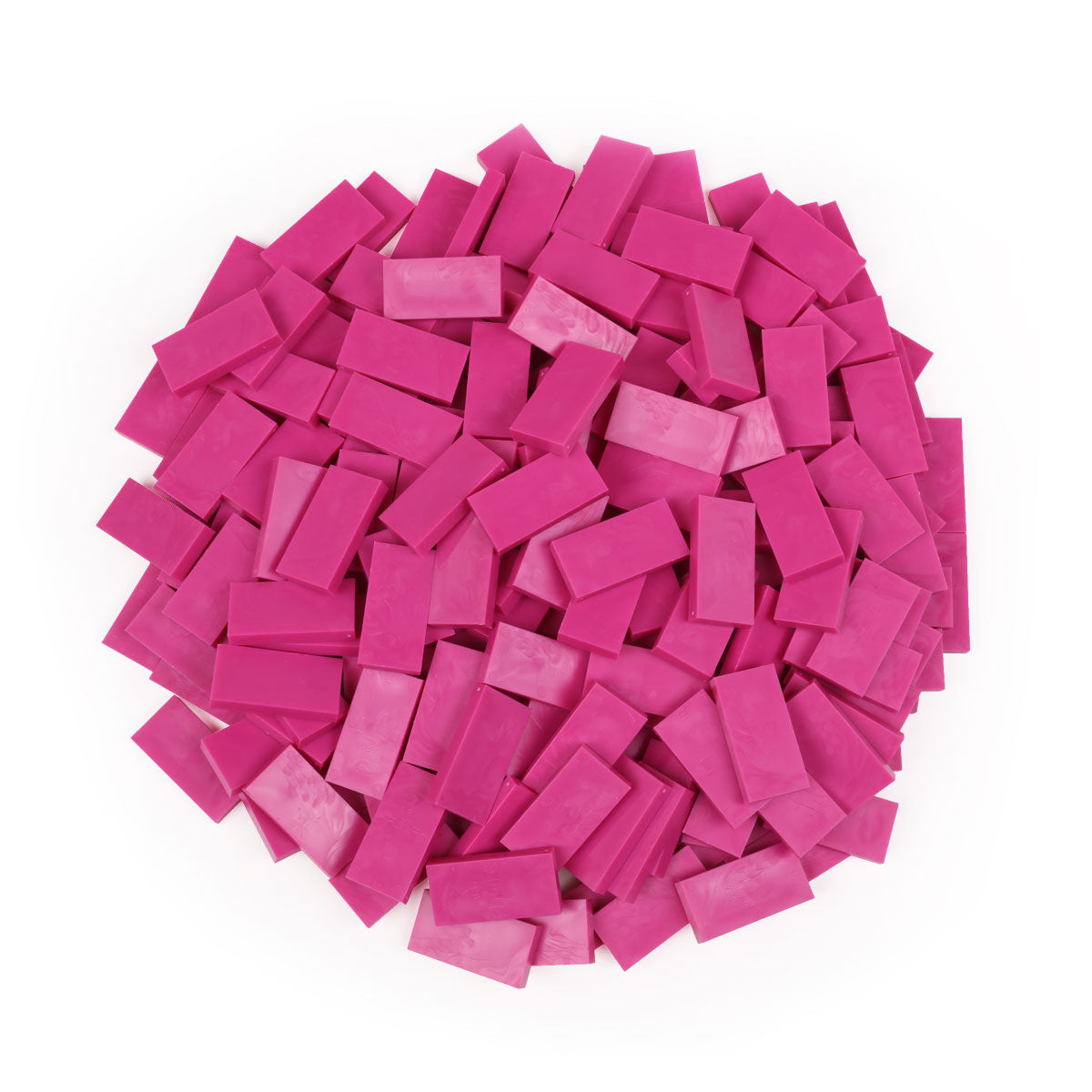 Bulk Dominoes magenta pink Pro Dominoes from Atwood Toys, a pile of pink full-weight toppling dominoes for chain reactions and domino art.
