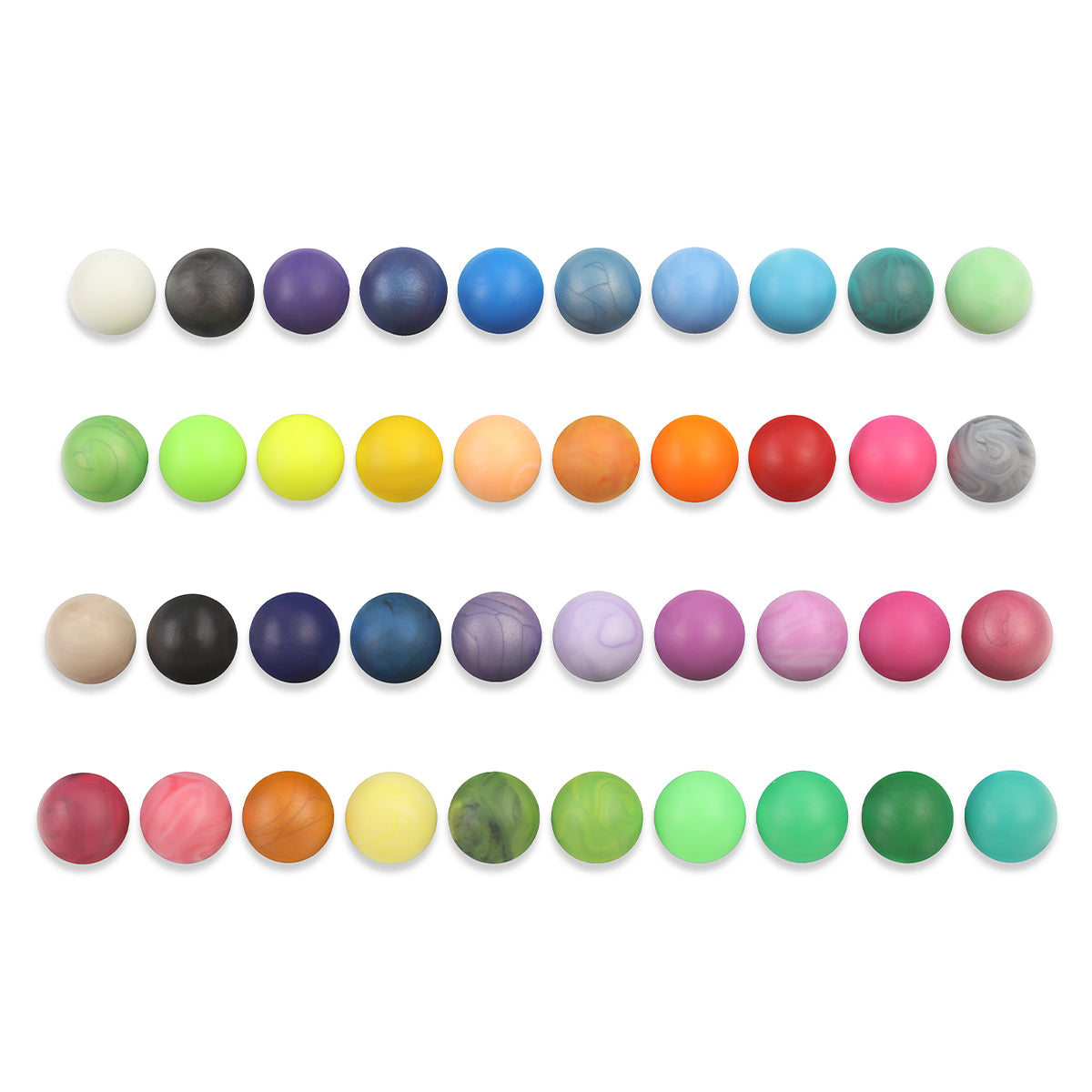 40-pack of vibrant Impact Marble Racing marbles from Atwood Toys in white, black, purple, blue, teal, green, yellow, orange, red, pink, and gray, designed for head-to-head marble racing tracks.