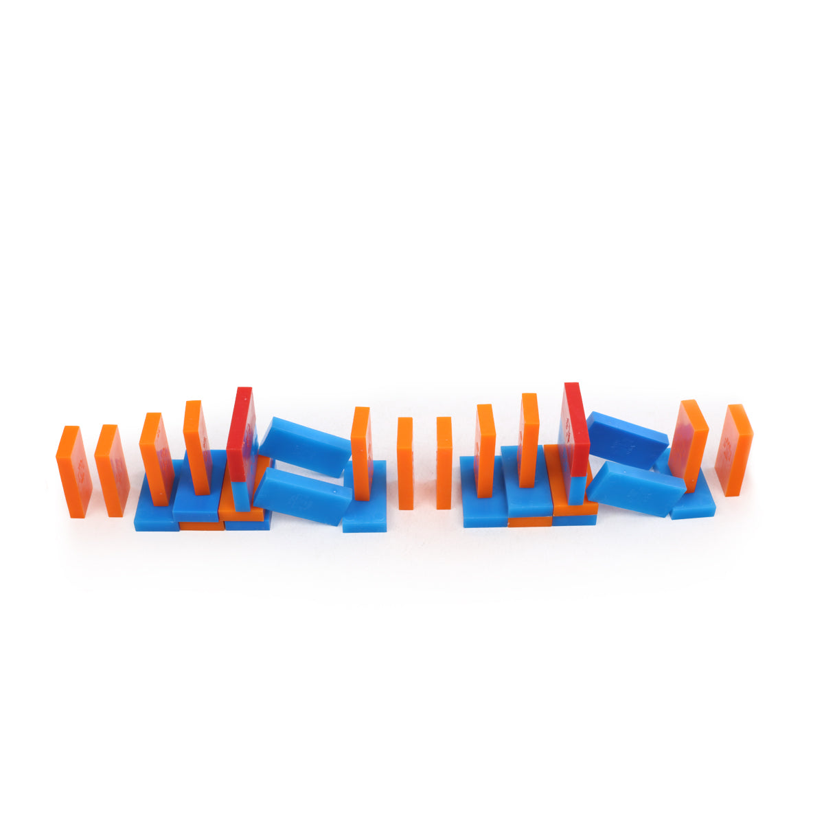 Bulk Dominoes Mini Master Kit topple sequence with blue and orange Mini Dominoes mid-fall, capturing the chain reaction action.