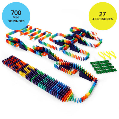 Bulk Dominoes Mini Master Kit contents with 700 Mini Dominoes and 27 accessories, featuring rainbow dominoes, navy bridges, ramps, kinetic speed templates, and tweezers.