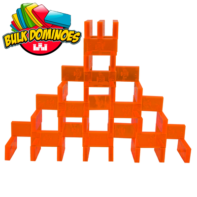 Small castle pyramid built from translucent clear orange Bulk Dominoes Clear Orange Pro Dominoes from Atwood Toys with a turret on top.