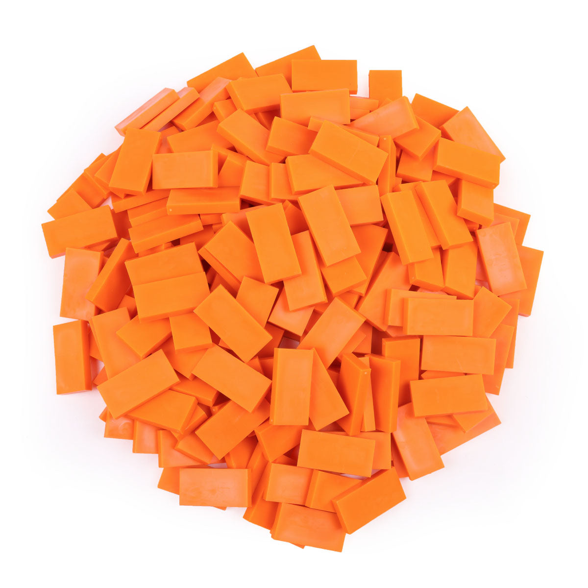 Bulk Dominoes Neon Orange Pro Dominoes from Atwood Toys, a top-down pile of vivid neon orange full-weight toppling dominoes for chain reactions and domino art.