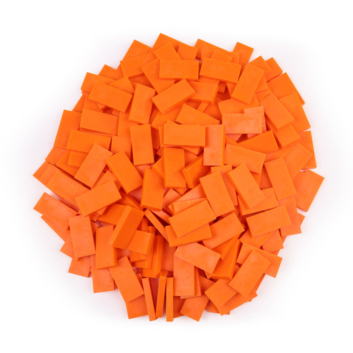 Bulk Dominoes Orange Pro Dominoes from Atwood Toys, a top-down pile of bright orange full-weight toppling dominoes for chain reactions and domino art.