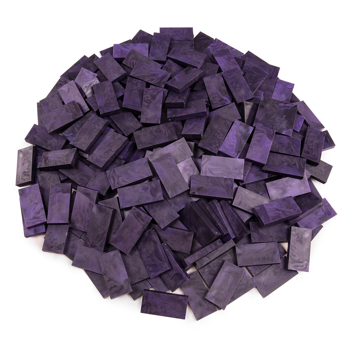 Bulk Dominoes Plasma Storm Pro Dominoes from Atwood Toys, a top-down pile of marbled deep purple full-weight toppling dominoes for chain reactions and domino art.