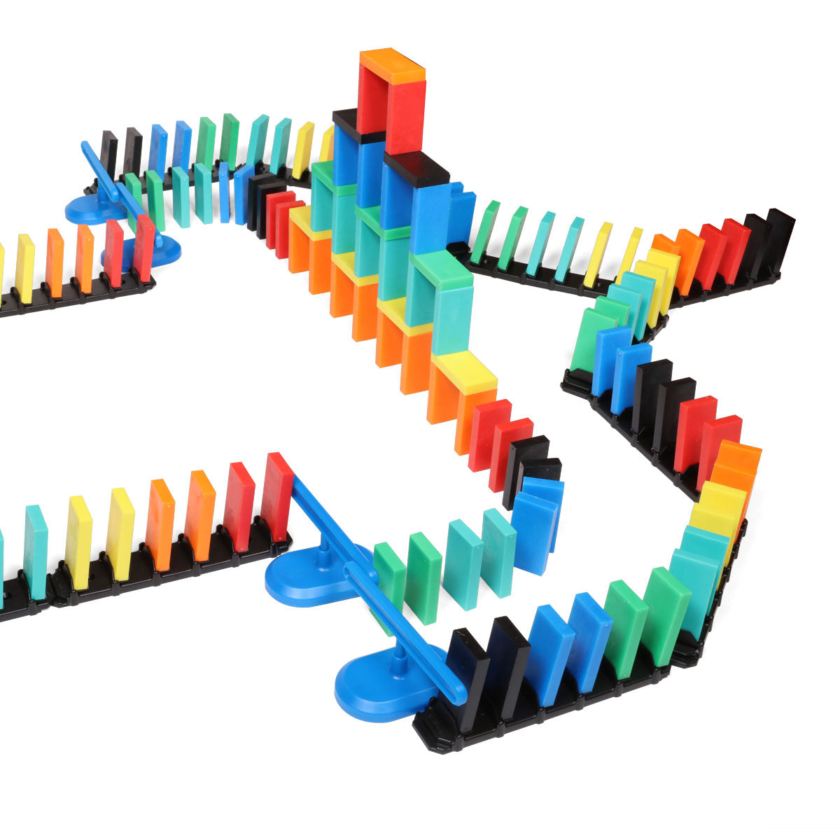 Atwood Toys Bulk Dominoes Rapid Track Kit close-up showing multi-color dominoes locked into black Rapid Track bases with blue spinners for fast setup and easy reset