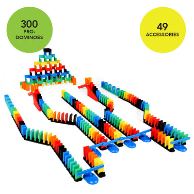 Atwood Toys Bulk Dominoes Rapid Track Kit infographic showing 300 Pro-Dominoes and 49 accessories including Rapid Tracks, Domino Arcs, and Spinners for quick chain reaction builds