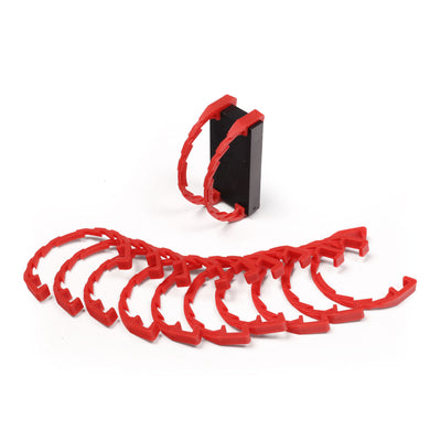 Bulk Dominoes Domino Arcs in red, 12 interlocking chain reaction clips spread in a fan with two clipped onto a black Pro Domino showing how they attach