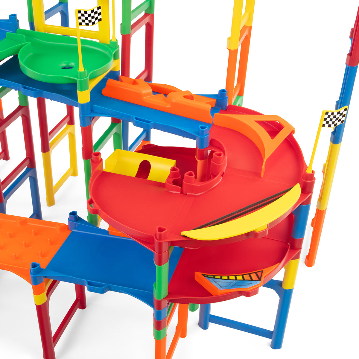 IMR Speedway Overdrive spiral turn section close-up showing red curved descent with green funnel and colorful support structure