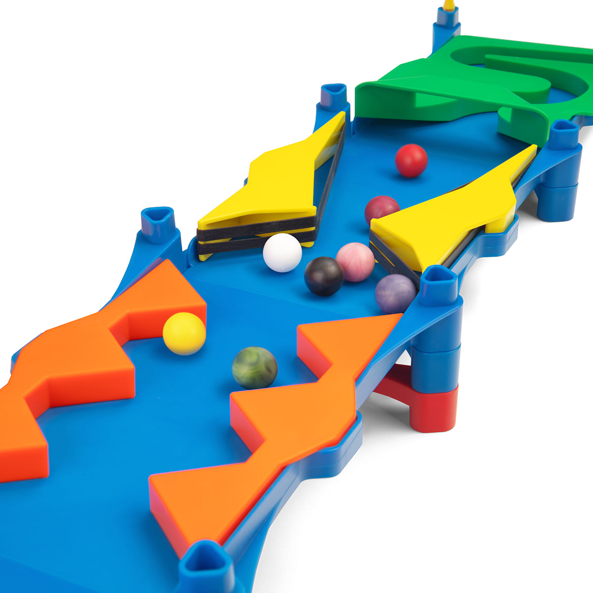 IMR Speedway Overdrive close-up of yellow and orange bumper sections on blue track with marbles bouncing between lanes