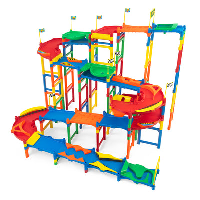 IMR Speedway Overdrive fully assembled multi-lane marble racing track with spiral turns, funnels, bumpers, and support structures