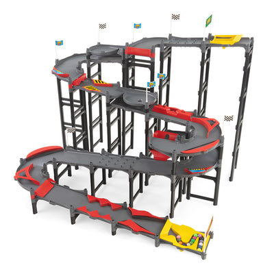 IMR Speedway Redline fully assembled multi-lane marble racing track with spiral sections, curved dividers, and starting block with marbles loaded