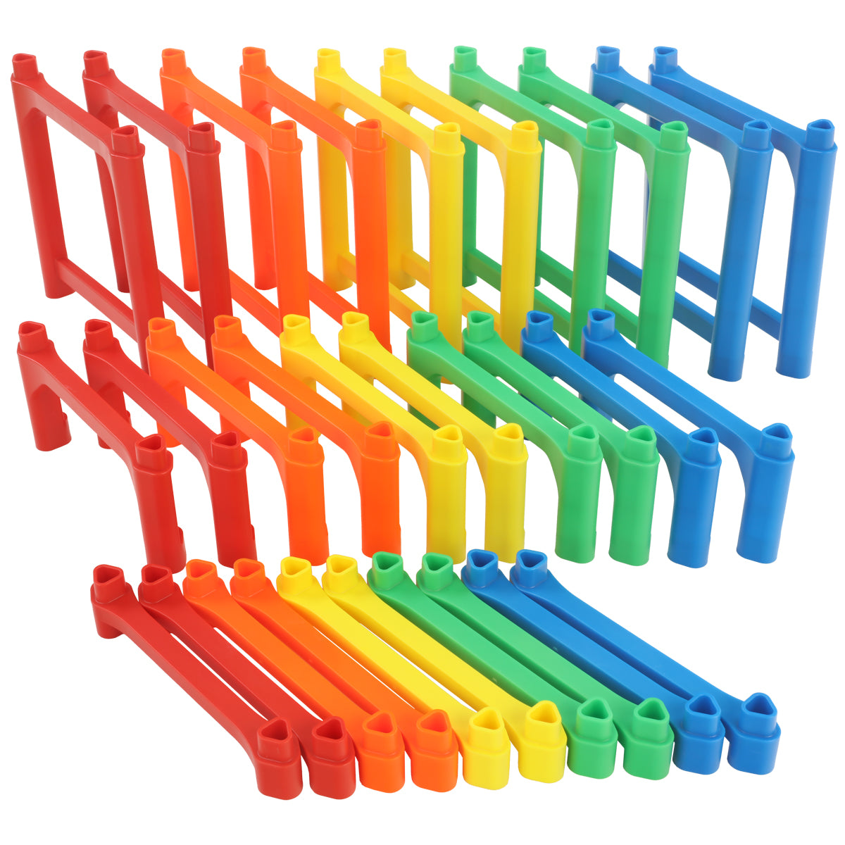 Impact Marble Racing Support Post Pack A in vibrant red, orange, yellow, green, and blue, featuring a complete set of 1-high, 3-high, and 7-high support posts for building elevated marble racing tracks