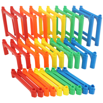 Impact Marble Racing Support Post Pack A in vibrant red, orange, yellow, green, and blue, featuring a complete set of 1-high, 3-high, and 7-high support posts for building elevated marble racing tracks