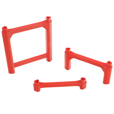 Three individual Impact Marble Racing support posts in red showing each size included in Pack A: 1-high, 3-high, and 7-high