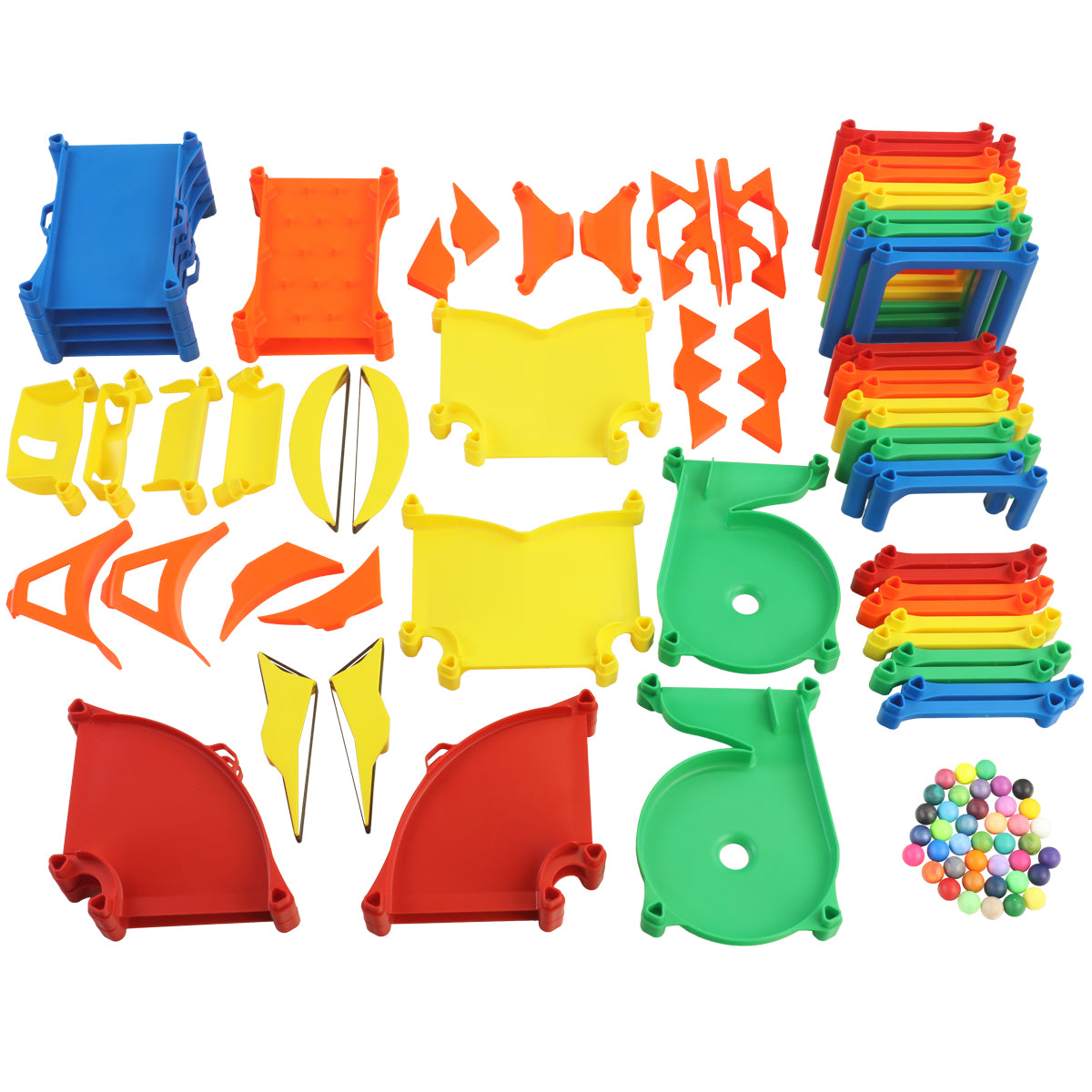 IMR Add-On Kit Overdrive 97-piece flat lay showing all included track pieces, bumpers, wedges, funnels, turns, impact zones, supports, and 40 colorful marbles in blue, yellow, orange, green, and red