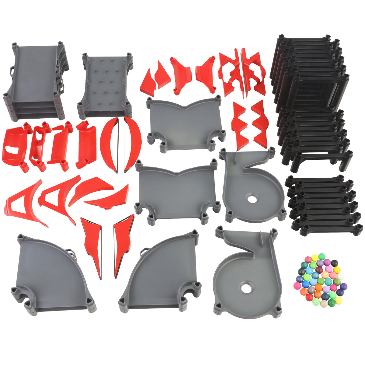IMR Add-On Kit Redline 97-piece flat lay showing all included track pieces, bumpers, wedges, funnels, turns, impact zones, supports, and 40 colorful marbles in gray and red