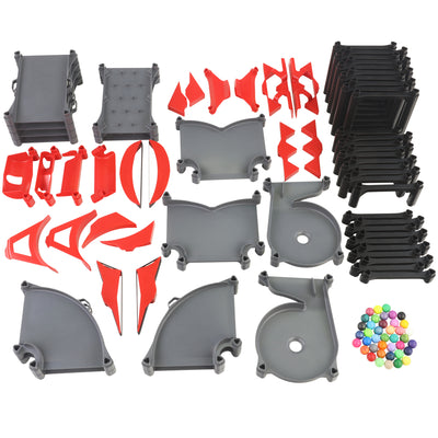 IMR Add-On Kit Redline 97-piece flat lay showing all included track pieces, bumpers, wedges, funnels, turns, impact zones, supports, and 40 colorful marbles in gray and red