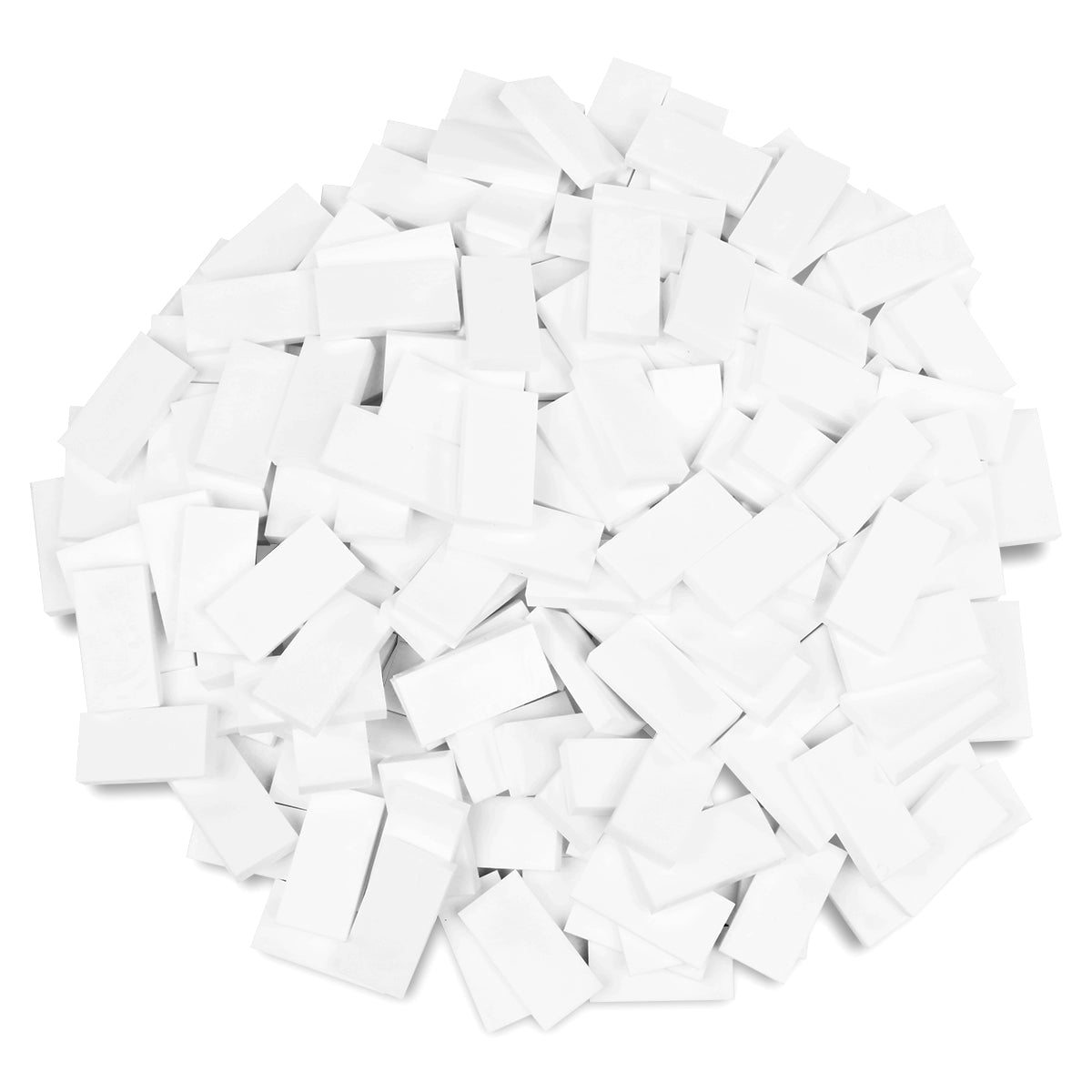 Bulk Dominoes White Pro Dominoes from Atwood Toys, a pile of bright solid white full-weight toppling dominoes for chain reactions and domino art.