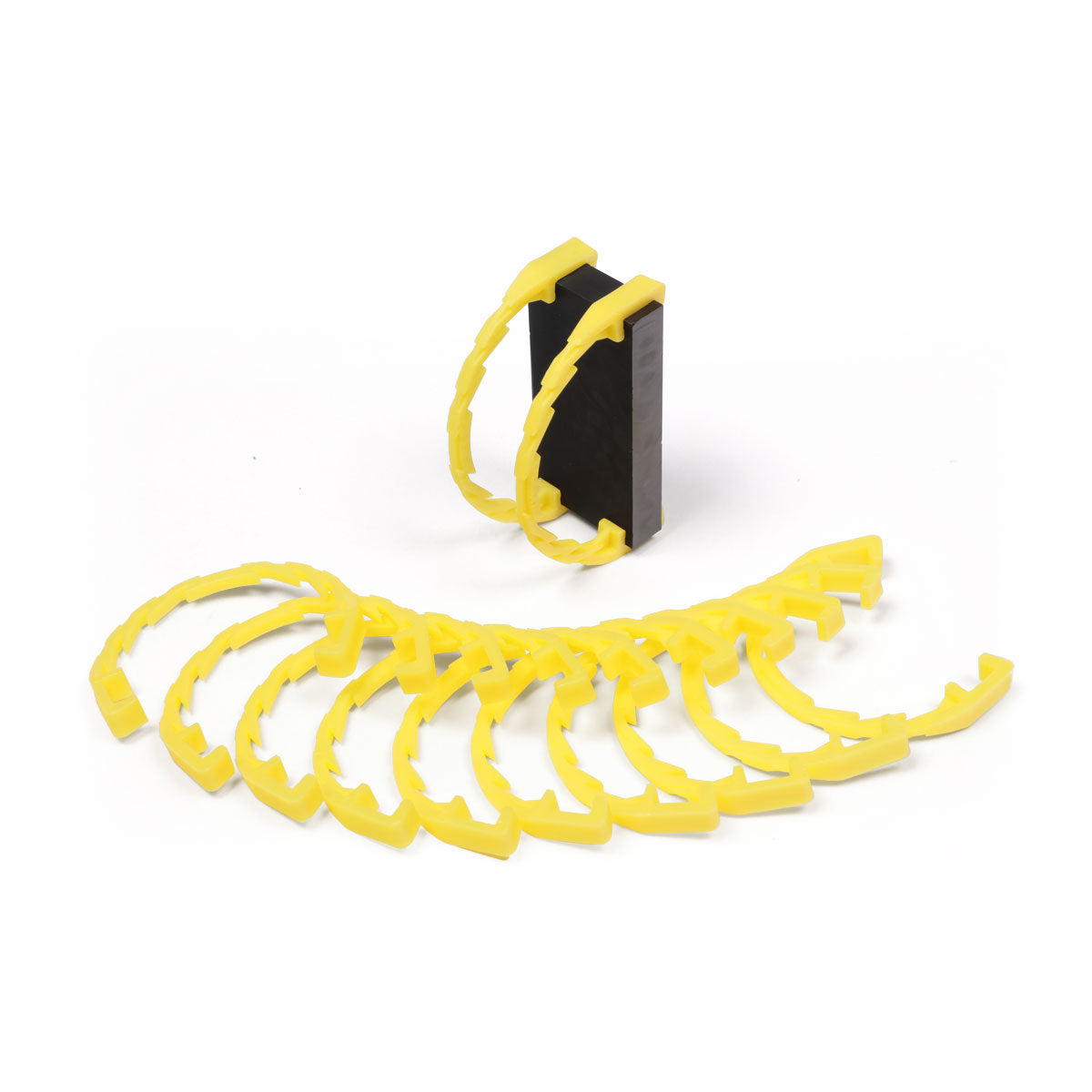 Bulk Dominoes Domino Arcs in blue, 12 interlocking chain reaction clips spread in a fan with two clipped onto a black Pro Domino showing how they attach