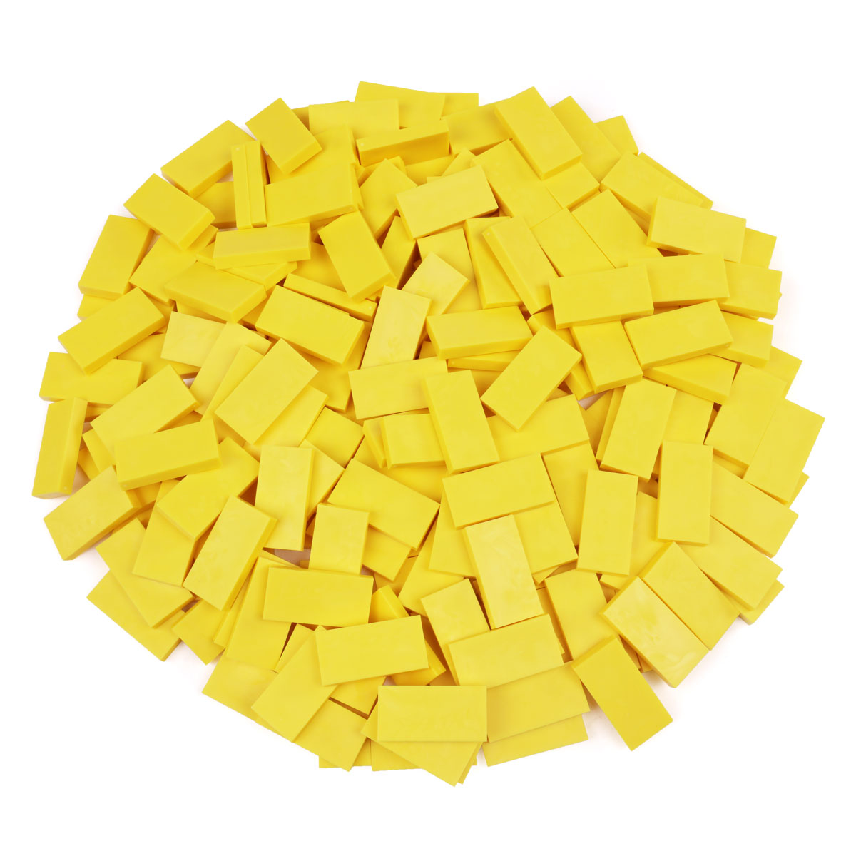Bulk Dominoes Yellow Pro Dominoes from Atwood Toys, a pile of bright yellow full-weight toppling dominoes for chain reactions and domino art.