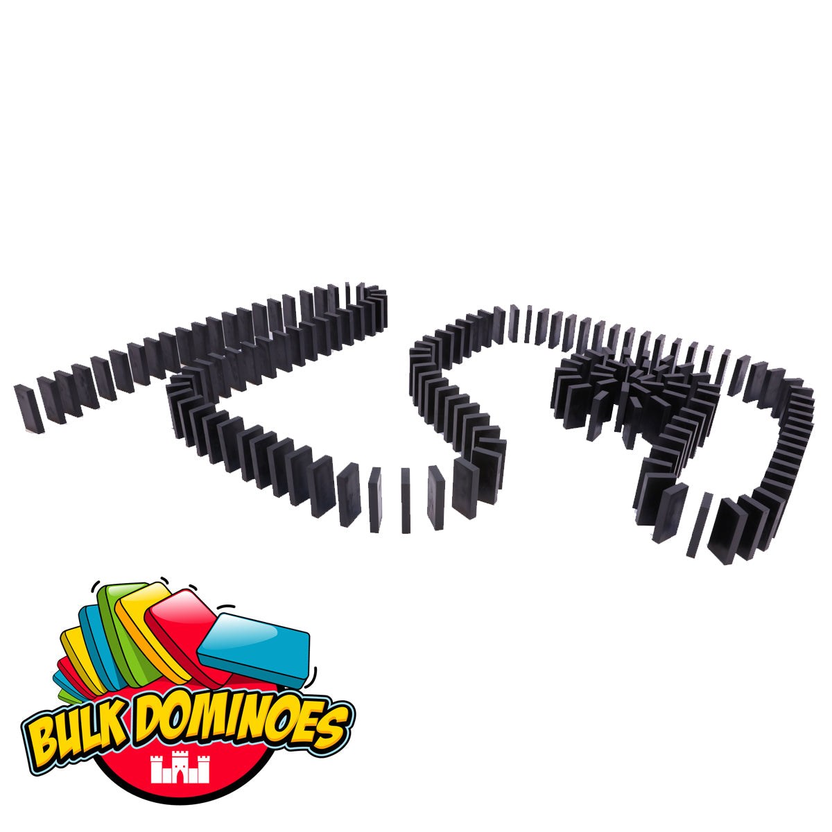Winding S-shaped course of standing solid black Bulk Dominoes Black Pro Dominoes set up on a white surface for a toppling chain reaction.