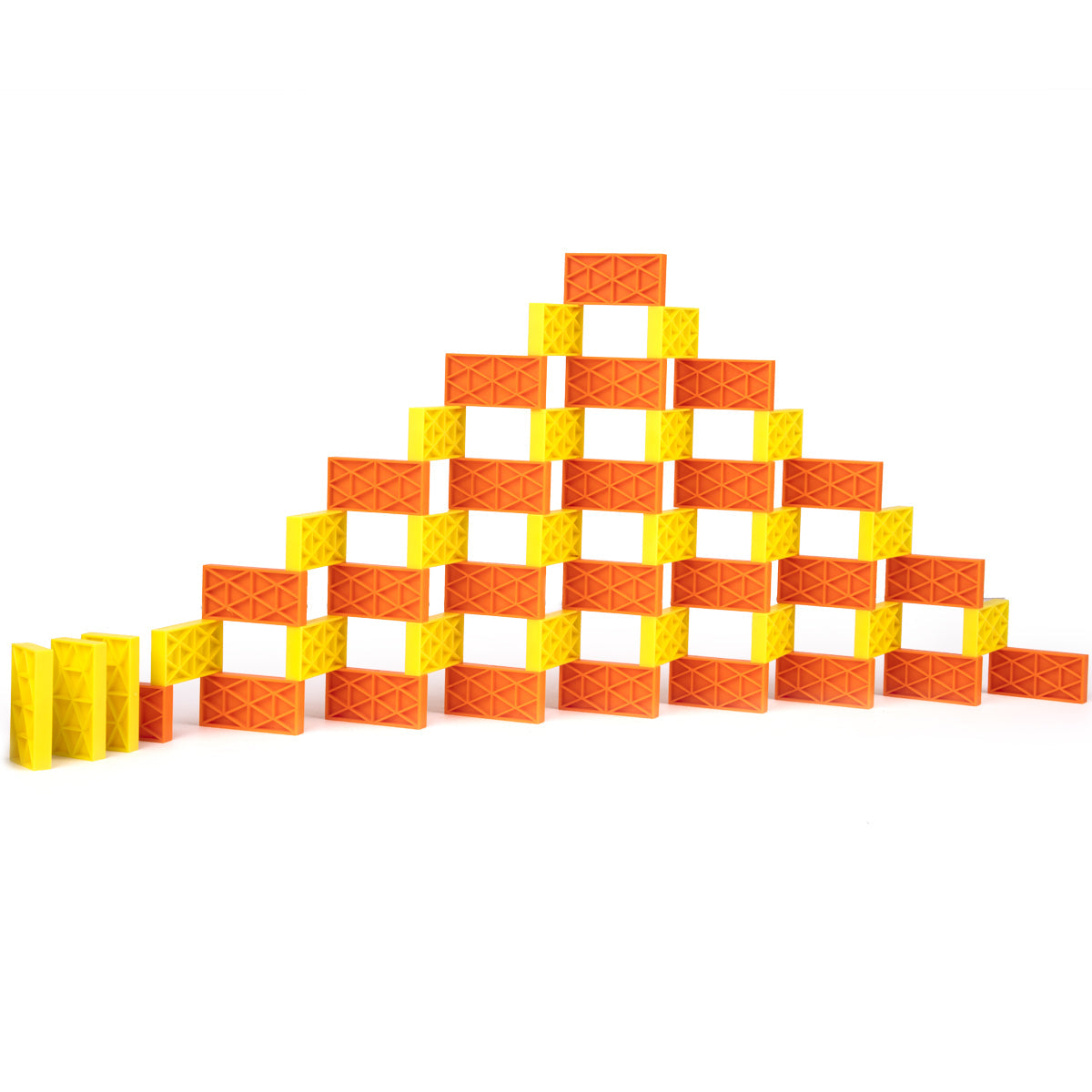 Bulk Dominoes Kinetic Dominoes built into a 3D pyramid wall using yellow and orange dominoes, demonstrating advanced domino toppling structures from the Ultimate Starter Kit 101.