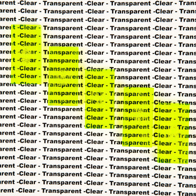 Graphic highlighting that Bulk Dominoes Clear Neon Yellow Pro Dominoes from Atwood Toys are transparent and clear, set against a repeating Transparent and Clear text background in neon yellow.