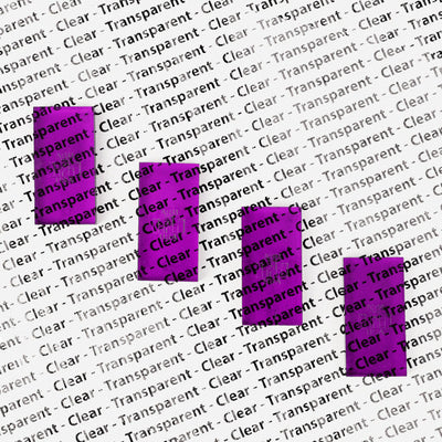 Four translucent Bulk Dominoes Clear Purple Pro Dominoes standing upright on printed text, with the words showing through the see-through purple tiles to highlight their clarity.