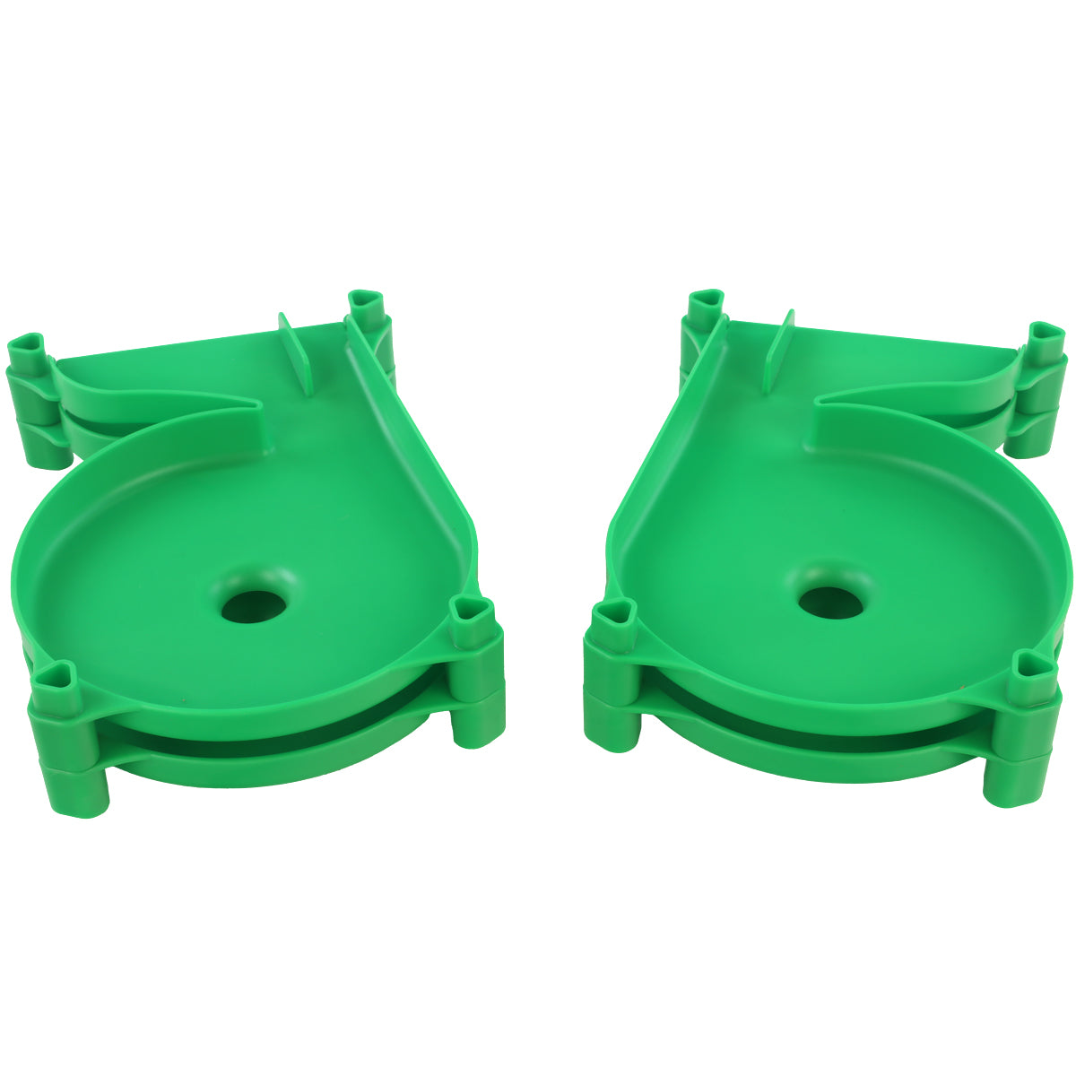 Impact Marble Racing green left funnel and right funnel track pieces shown side by side from above, displaying the curved lane-merging surface, marble drop hole, and stacked press-fit connectors