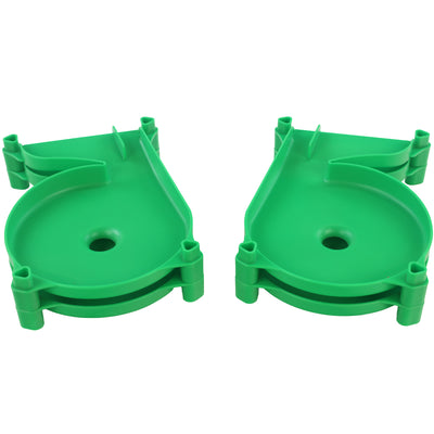 Impact Marble Racing green left funnel and right funnel track pieces shown side by side from above, displaying the curved lane-merging surface, marble drop hole, and stacked press-fit connectors
