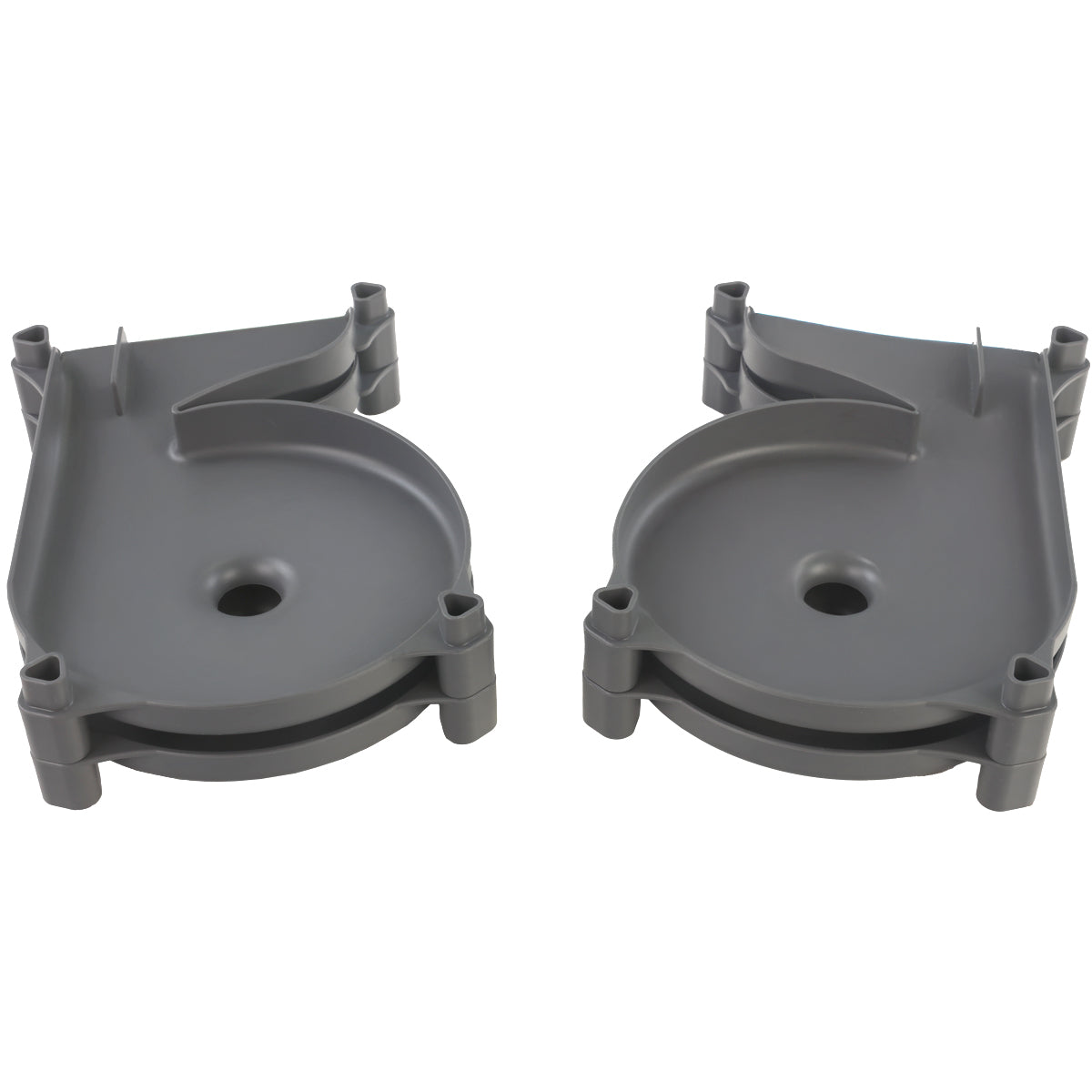 Impact Marble Racing Redline gray left funnel and right funnel track pieces shown side by side from above, displaying the curved lane-merging surface, marble drop hole, and stacked press-fit connectors