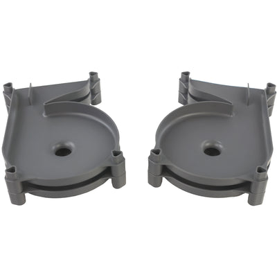 Impact Marble Racing Redline gray left funnel and right funnel track pieces shown side by side from above, displaying the curved lane-merging surface, marble drop hole, and stacked press-fit connectors