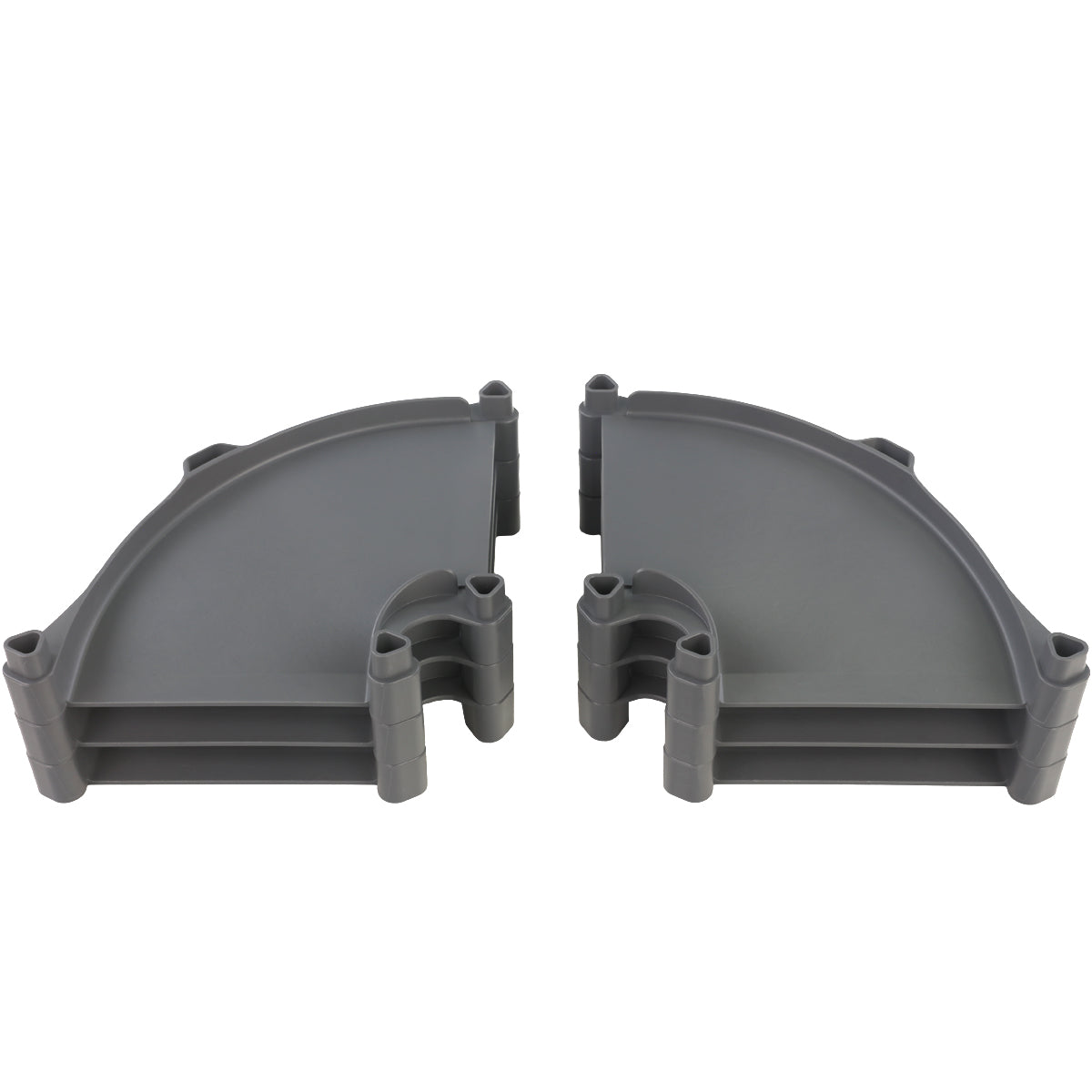 Impact Marble Racing Redline gray left turn and right turn track pieces shown side by side from the front, displaying the curved racing surface, support rails underneath, and press-fit connection points