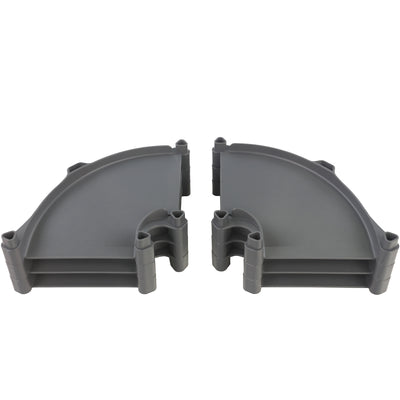 Impact Marble Racing Redline gray left turn and right turn track pieces shown side by side from the front, displaying the curved racing surface, support rails underneath, and press-fit connection points