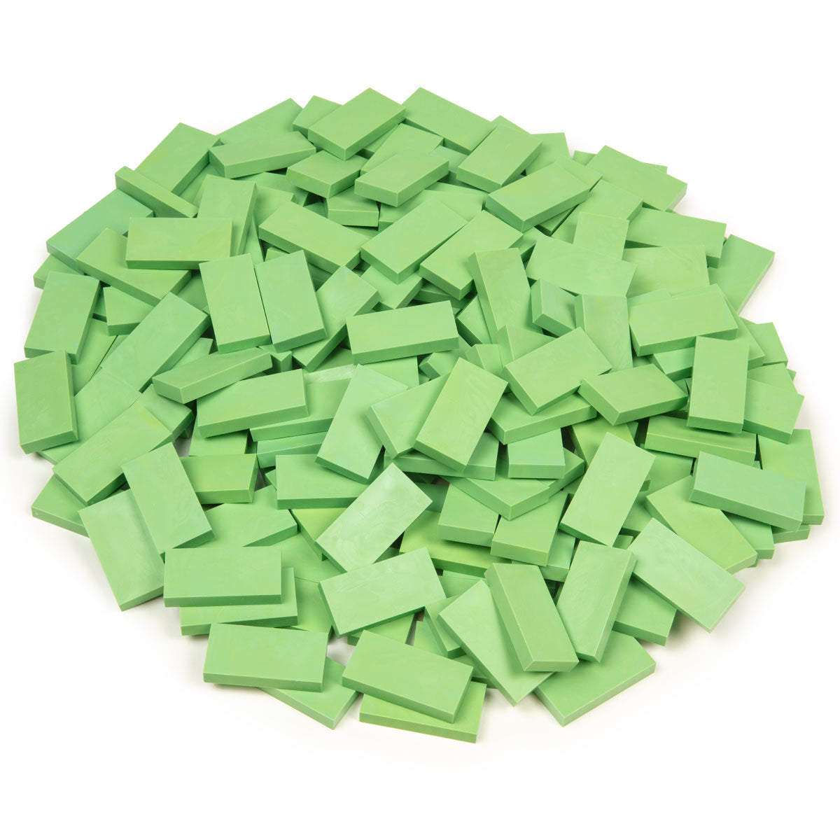 Bulk Dominoes Mint Pro Dominoes from Atwood Toys, a top-down pile of soft mint green full-weight toppling dominoes for chain reactions and domino art.