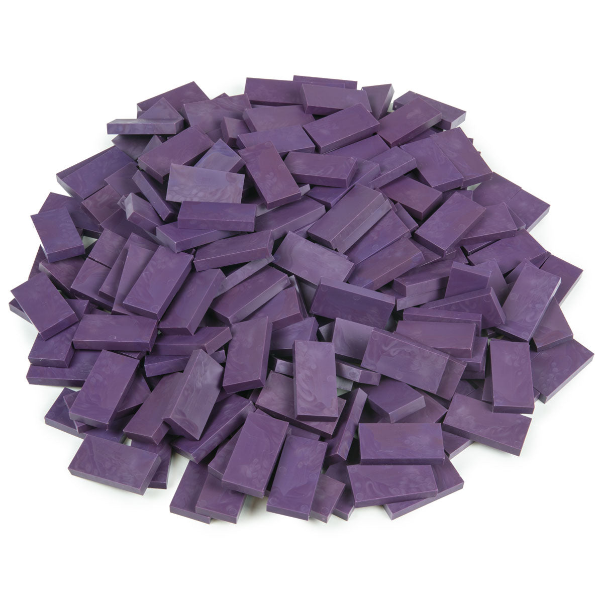Bulk Dominoes Plum Pro Dominoes from Atwood Toys, a pile of marbled deep purple plum full-weight toppling dominoes for chain reactions and domino art.