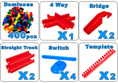 Bulk Dominoes Expert Kit packing infographic showing 400 Pro Dominoes, 1 four-way connector, 2 red bridges, 2 red straight tracks, 4 blue domino spinners, and 2 red kinetic speed templates.