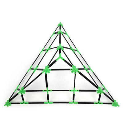 A large 3D triangle (pyramid) built with Inventix, featuring a wide square base with cross-bracing and green star connectors at each joint, rising to a pointed peak with multiple layers of internal structural support, made from black rods and green connectors.