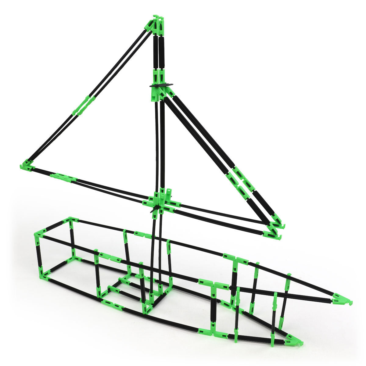 A sailboat built with Inventix, featuring a rectangular hull frame with a tall triangular sail structure rising from the center, constructed from black rods and green connectors with a pointed bow.